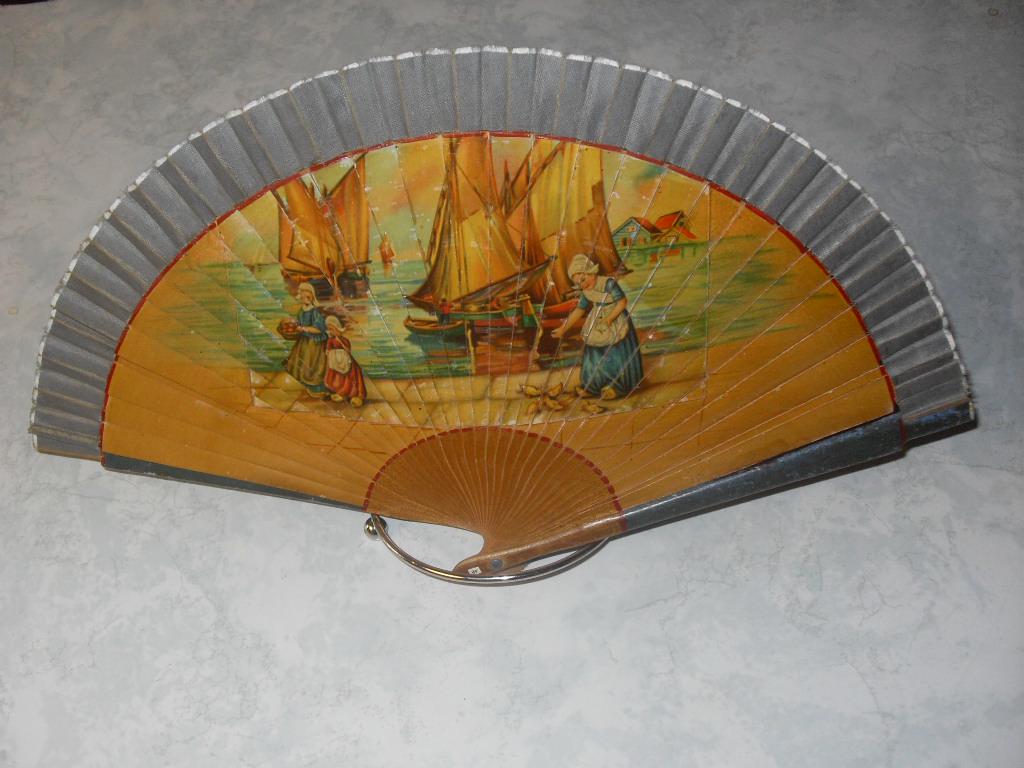 Vintage Hand Held Fan Dutch Scene Wood and Fabric Fan