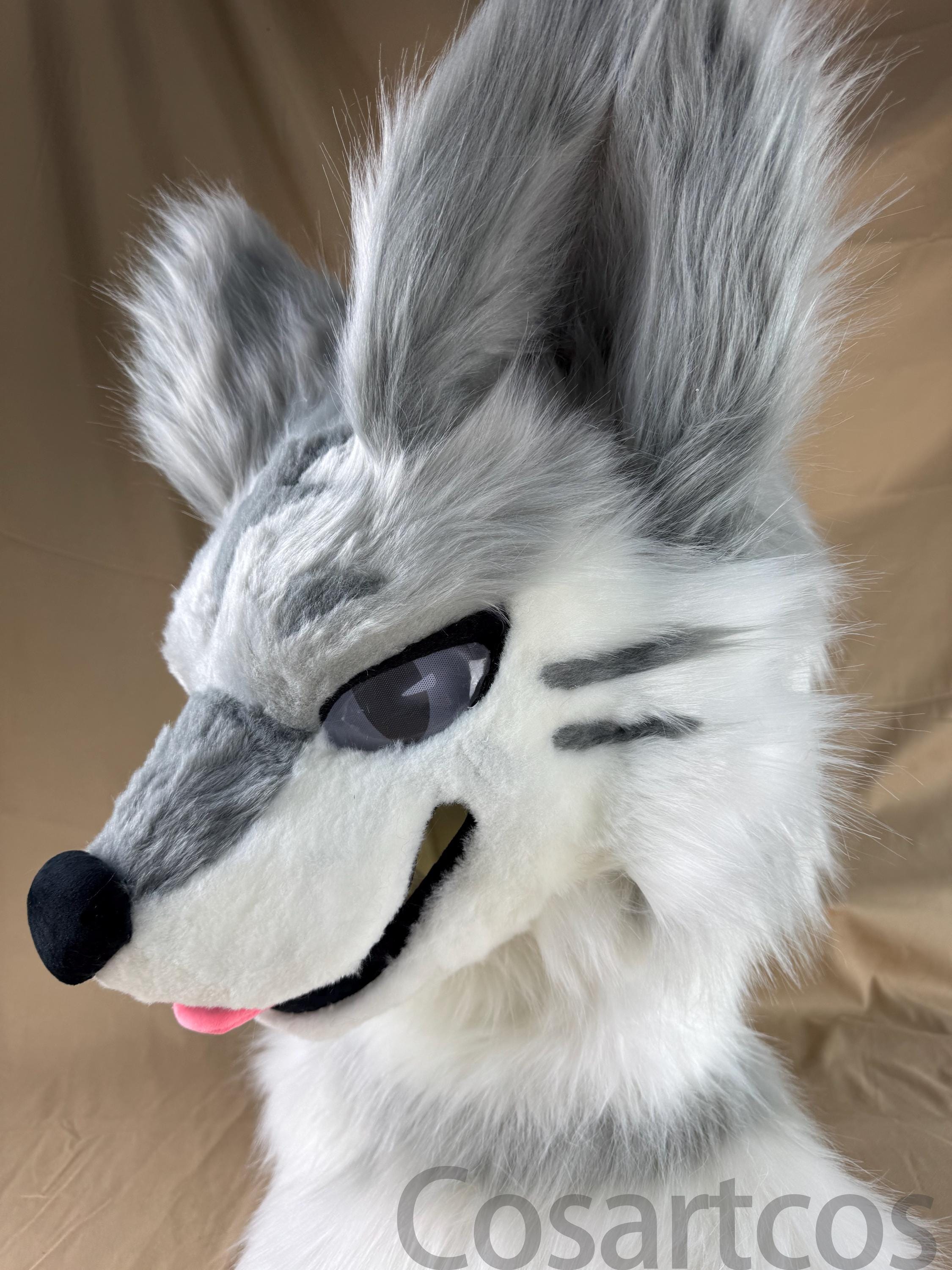 Fur Mask Custom Wolf Fursuit Head Commission Handmade Grey and White Faux Fur ...