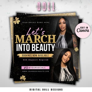 Può includere: Una grafica promozionale con sfondo nero e oro, con il testo "Let's March Into Beauty". Il design include immagini di una donna con lunghi capelli neri e il testo "Bookings Now Available". Il design include anche i nomi utente dei social media.