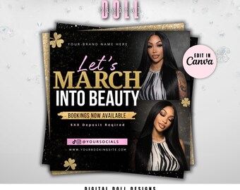 March Booking Flyer, March Into Beauty, Book Now Flyer, Hair, Braid, Lash, Nail,MUA, Booking Flyer Editable in Canva, Instant Download