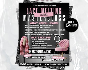 DIY Hair Class Flyer, Hair Class Flyer, Wig Course, Wig Masterclass, Canva Template, Lash Extensions Class, Canva Template, Hair Masterclass