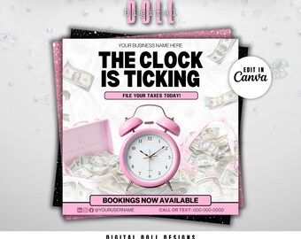 Tax Flyer | Editable Pink Tax Deadline Prep Canva Template | Digital Booking Flyer for Tax Professionals