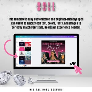 May include: A computer screen displaying a Canva template for a social media post. The template is pink and white with the text "I heard you need an appointment... May I?" and features a photo of three women. The text "Digital Doll Designs" is visible at the bottom of the screen.