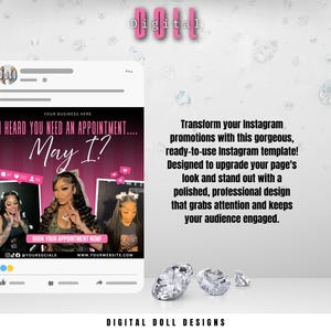 May include: A pink and black Instagram post template with the text "I heard you need an appointment... May I?" and a photo of a woman with long black hair. The text "Book your appointment now!" is at the bottom of the post, along with social media handles and a website address.