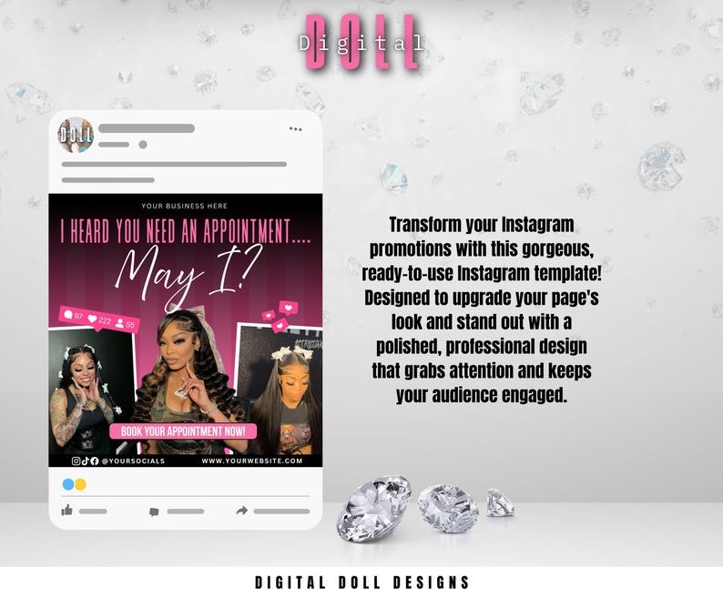 May include: A pink and black Instagram post template with the text "I heard you need an appointment... May I?" and a photo of a woman with long black hair. The text "Book your appointment now!" is at the bottom of the post, along with social media handles and a website address.