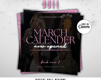 Pink March Booking Flyer | Calendar Open for Hair & Lash Appointments, Canva Editable DIY Template