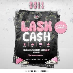 Folleto de Pink Lash Cash, certificado de regalo DIY, vale de regalo, certificado en efectivo, certificado de regalo en dólares, técnico de pestañas, cabello, uñas, maquillaje