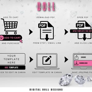 May include: A digital doll design template download guide. The guide shows how to add the template to your cart, download the PDF, open the template in Canva, and save the finished design as a JPG or PNG file.