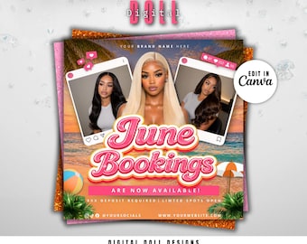 June Booking Flyer, June Nail Flyer, Summer Hair Makeup MUA Lashes Locs Braids Wig Beauty Flyer, June Books Open, June Calendar, DIY Canva