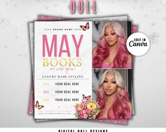 May Booking Flyer, May Books Open Flyer, Appointments Available, Hairstylist, Lash Tech, Nail Tech, Makeup Artist, Canva Template
