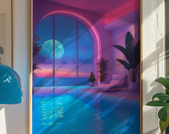 Cyber Vaporwave Print, Poolside Dreamcore Aesthetic Wall Art