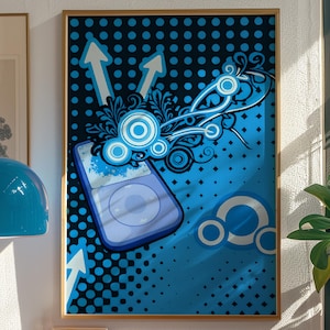 May include: A framed art print featuring a blue and black abstract design with a stylized music player. The artwork includes white arrows, circles, and swirling patterns, set against a dotted background.
