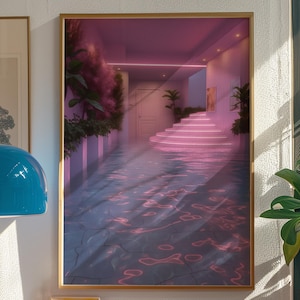 May include: A framed art print depicts a surreal indoor pool scene with pink neon lighting. The water reflects the light, and a staircase leads upwards. The artwork is displayed above a red shelf with a record player and other decor.