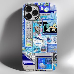 May include: A phone case featuring a collage of blue and white computer-themed graphics. The design includes icons, windows, and images reminiscent of early 2000s computer interfaces. The case has a glossy finish and a camera cutout.