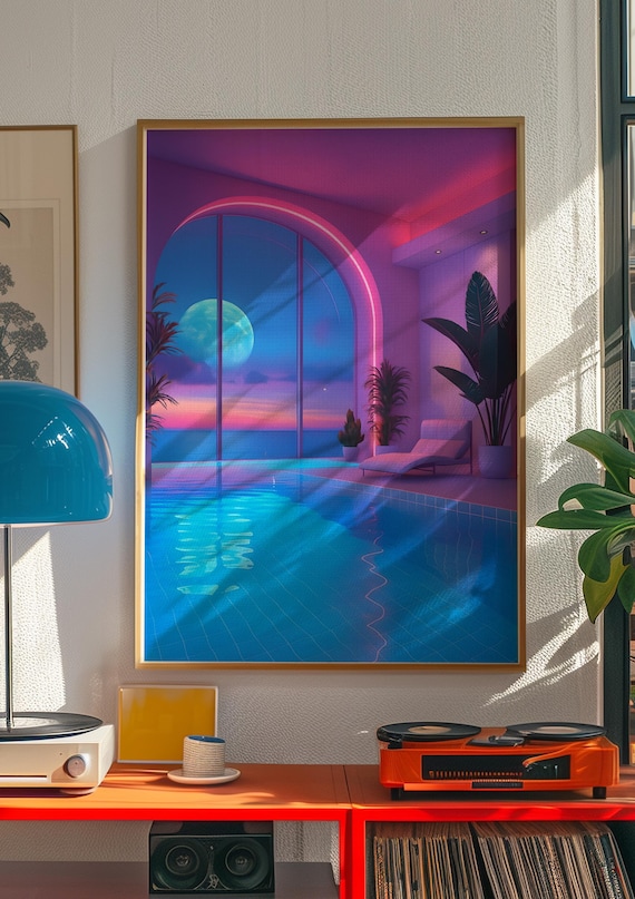Cyber Vaporwave Print, Poolside Dreamcore Aesthetic Wall Art