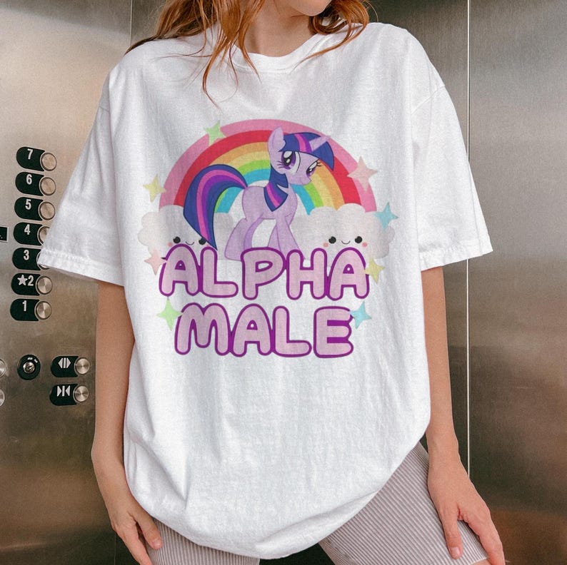 May include: White oversized t-shirt featuring a graphic of a purple and pink unicorn with a rainbow and clouds. The text "ALPHA MALE" is printed in purple below the unicorn.