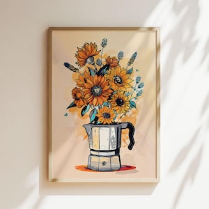 May include: A vintage-style illustration of a silver coffee pot with a bouquet of yellow sunflowers spilling out of the top. The background is a light orange color.