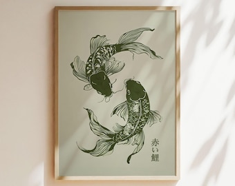 Groene koivissen Japanse kunstprint, minimalistisch zendecor (digitale download)