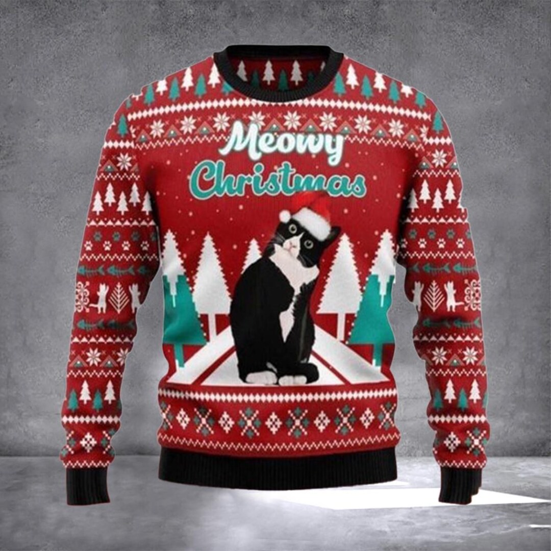 Suéter navideño feo con gato negro maullando, suéter navideño, ropa de ...