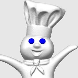 May include: A white, three-dimensional figure of a chef with a tall hat, blue eyes, and a smiling face. The figure has outstretched arms and a neckerchief. The character is a mascot for a food brand.