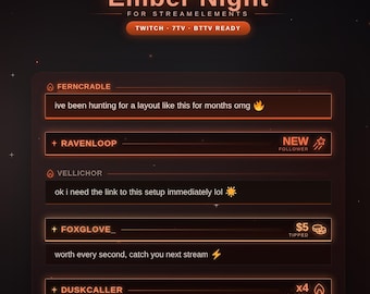 Ember Night Animated Chat Overlay Twitch Stream | Dark Orange StreamElements OBS 7tv BTTV Package Layout Design Kit