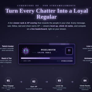 May include: A dark purple digital overlay for live streaming featuring the text Turn Every Chatter Into a Loyal Regular. It includes a central user interface element displaying a username, rank, level 11, and an animated XP progress bar.