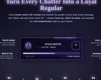 May include: A dark purple digital overlay for live streaming featuring the text Turn Every Chatter Into a Loyal Regular. It includes a central user interface element displaying a username, rank, level 11, and an animated XP progress bar.