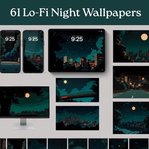 May include: A collection of 61 digital wallpapers featuring a lo-fi aesthetic with night scenes of cityscapes, roads, and trees. The wallpapers are in a pixelated style with a dark blue and green color palette.