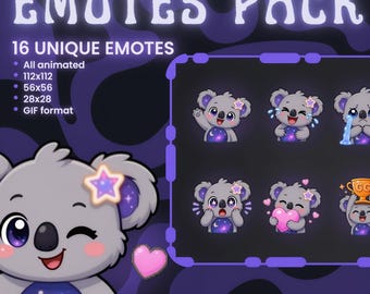 16 Animated Koala Galaxy Emotes Pack | Cute Kawaii Twitch Discord Stream GIF PNG Chat Badges Digital Creator Channel Sub Emotes