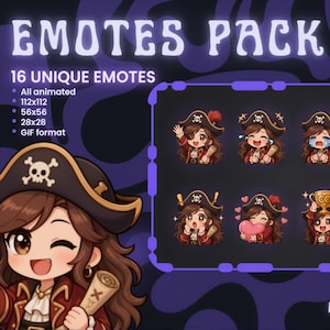 May include: A digital pack of 16 animated pirate-themed emotes featuring a character in a skull-and-crossbones hat. The text reads EMOTES PACK, 16 UNIQUE EMOTES, All animated, 112x112, 56x56, 28x28, GIF format, and DIGITAL SCENARY. The emotes show various expressions.