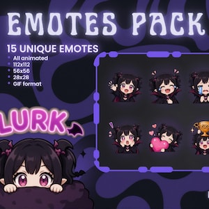 May include: A digital emote pack featuring 15 animated character designs in GIF format. The set includes a dark-haired character in various expressions, including waving, crying, holding a heart, and a trophy, with text reading EMOTES PACK and LURK.