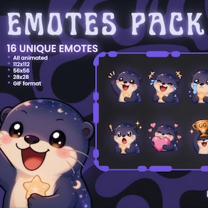 May include: A digital emote pack featuring 16 animated otter characters in GIF format. The set includes various expressions such as waving, crying, angry with flames, holding a heart, holding a GG trophy, and wearing sunglasses, all with star accents.
