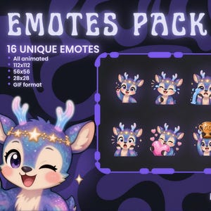 May include: A digital emote pack featuring 16 animated deer characters in GIF format. The set includes various expressions like crying, laughing, and wearing sunglasses. Text includes EMOTES PACK, 16 UNIQUE EMOTES, and sizes 112x112, 56x56, 28x28.