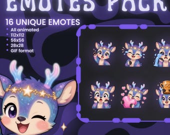Animated Galaxy Deer Emotes Pack | 16 Cute Cosmic Fawn Twitch Discord Stream GIF Bundle Kawaii Celestial Starry Fantasy Digital Art Assets