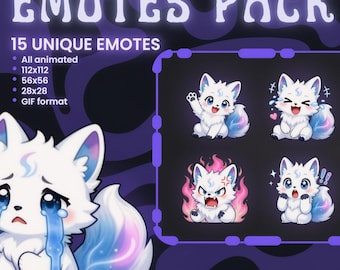 Animated Kawaii White Fox Emotes Pack Twitch Discord | Cute Blue Pink Purple Chibi Stream Chat GIF Emote Kit Digital Download