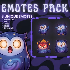 May include: A graphic for an Emotes Pack featuring eight unique animated owl emotes. The owls are in shades of blue and purple, with varied expressions such as crying, anger, and holding a heart. The text "EMOTES PACK" is displayed at the top.