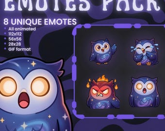 Animated Galaxy Owl Emotes Pack Twitch Stream | Cute Space Discord Chibi GIF Sub Badges Expressive Digital Graphics Kit Creator Assets