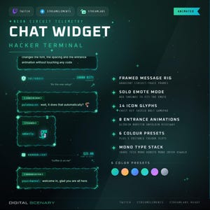 May include: A digital chat widget overlay titled Neon Circuit Telemetry Hacker Terminal. It features a dark teal background with glowing green framed message boxes, text customization options, 14 icon glyphs, 8 entrance animations, and 6 color presets including teal, orange, blue, light green, purple, and silver.