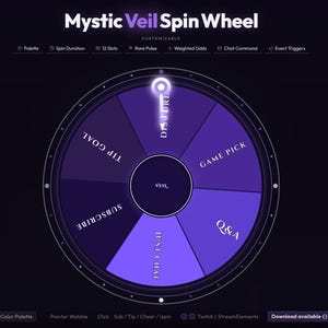 May include: A digital spin wheel with a purple and white color scheme. The wheel is labeled "Mystic Veil Spin Wheel" and includes options for "Tip Goal", "Subscribe", "Just Chat", "Game Pick", and "Q&A". The wheel is customizable and has options for palette, spin duration, and more.