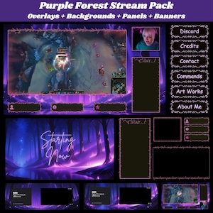 Peut inclure: Un pack de flux numérique Forêt Violette avec des superpositions, des arrière-plans, des panneaux et des bannières. Le design présente un thème de forêt violette avec les mots "Starting Now" et "Chat". Comprend des panneaux pour Discord, Crédits, Contact, Commandes, Art Works et About Me.