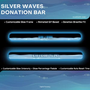 May include: A digital graphic displaying a "Silver Waves Donation Bar" with a blue and black theme. The bar shows progress with percentages and dollar amounts. Features include customizable glow, animated GIFs, and percentage modules.