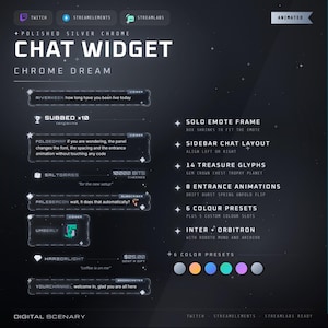 May include: A digital animated chat widget overlay titled Polished Silver Chrome Chat Widget Chrome Dream. It features dark grey panels with silver borders, displaying sample chat messages, viewer names, and icons. Includes text listing features like solo emote frame, sidebar layout, 14 treasure glyphs, 8 entrance animations, 6 color presets, and font options.