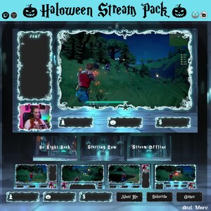Könnte beinhalten: Ein Halloween-Stream-Paket mit einem dunkelblauen und weißen Design. Das Paket enthält verschiedene Overlay-Elemente, wie z. B. einen Hauptanzeigerahmen, einen Webcam-Rahmen und Szenenübergänge. Der Text "Halloween Stream Pack" steht oben.