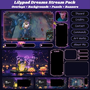 Peut inclure: Un pack de stream numérique "Lilypad Dreams" avec des overlays, des arrière-plans, des panneaux et des bannières. Le design présente un thème de nénuphar dans un schéma de couleurs violet foncé et noir. Comprend un écran "Be Right Back" et des boîtes de chat.