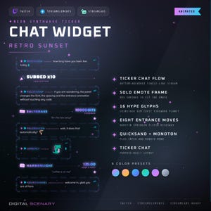 Può includere: Un widget di chat digitale intitolato Neon Synthwave Ticker Retro Sunset. Presenta uno sfondo scuro con accenti viola e blu, mostrando messaggi di chat di esempio, impostazioni di flusso, glifi, movimenti di ingresso e sei preimpostazioni di colore.