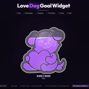 May include: A purple cartoon dog holding a heart, part of a "Love Dog Goal Widget" design. The widget is customizable, with options for color, wave speed, and frequency. The text "Love Dog Goal Widget" is at the top, with "Download available" at the bottom.