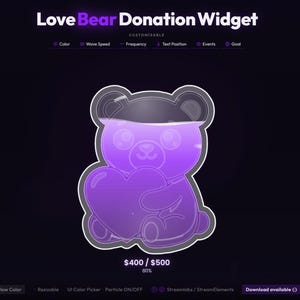 Widget personalizable de objetivo de donación con osito de peluche animado / Superposición de transmisión de corazón de gominola morado para Twitch, OBS y Streamlabs Live Kit