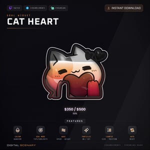 以下が含まれることがあります： CAT HEARTと題されたデジタル目標ウィジェット。白から赤へのグラデーションの体を持つデフォルメされた猫のキャラクターが、濃い赤のハートを持っています。インターフェースには、$350 / $500、69%の進捗バーと、カスタムグラデーション、目標モード、波、パーティクル、カウンター、自動リセットのアイコンが表示されています。