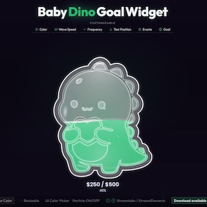 May include: A digital graphic of a baby dinosaur goal widget. The widget is green and white, with a progress bar showing 46% completion. The text "Baby Dino Goal Widget" is at the top. The text "£250 / £500" is also visible.