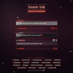 Può includere: Una sovrapposizione di chat a tema scuro intitolata Sakura Chat Overlay Sumie Ink for Streamelements. Presenta una casella di chat centrale con messaggi utente, avvisi di follower e notifiche di donazione con funzioni personalizzabili.